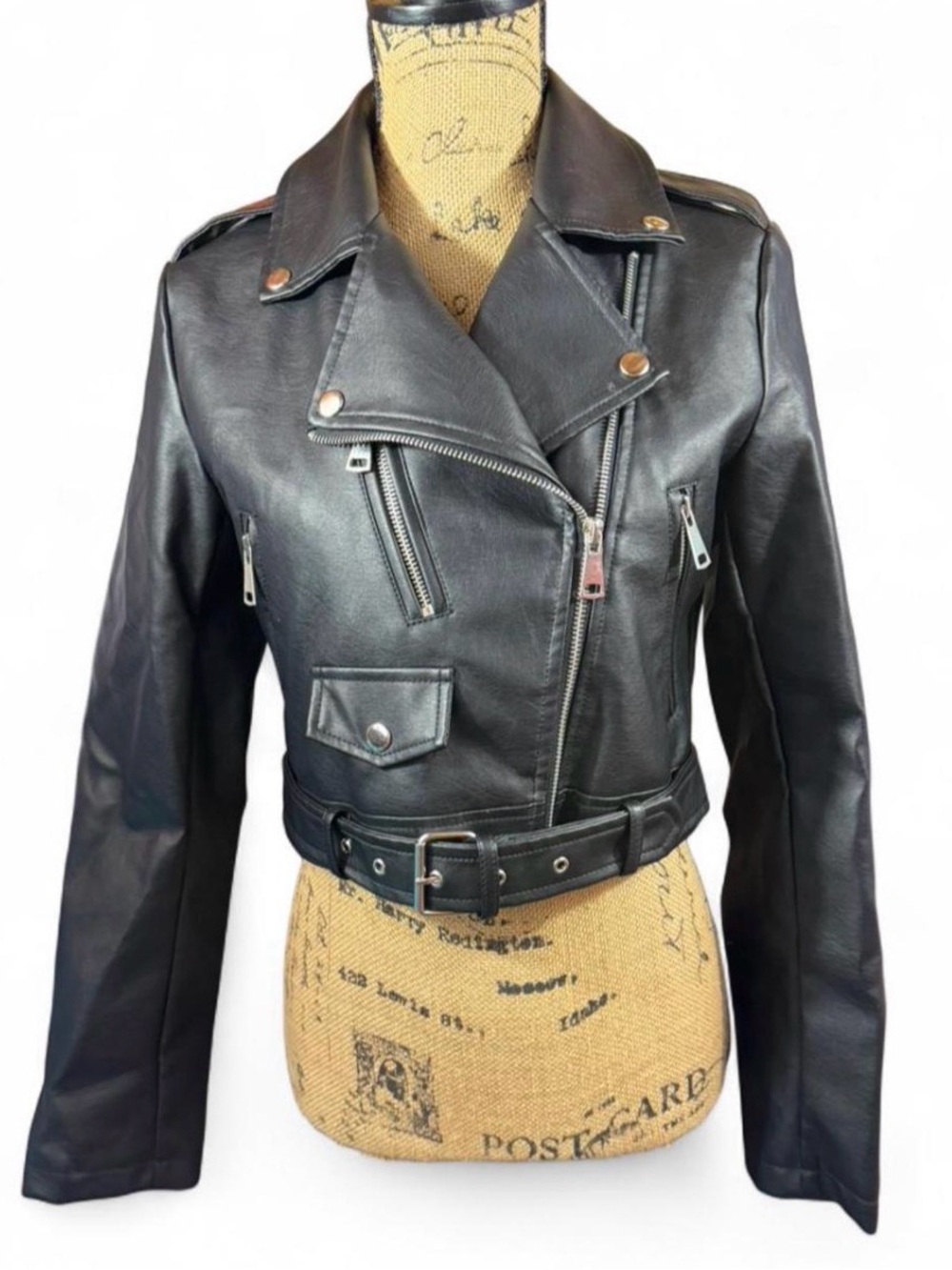 Rue21 Black Faux Leather Moto Jacket Belted Biker Jacket Size Small